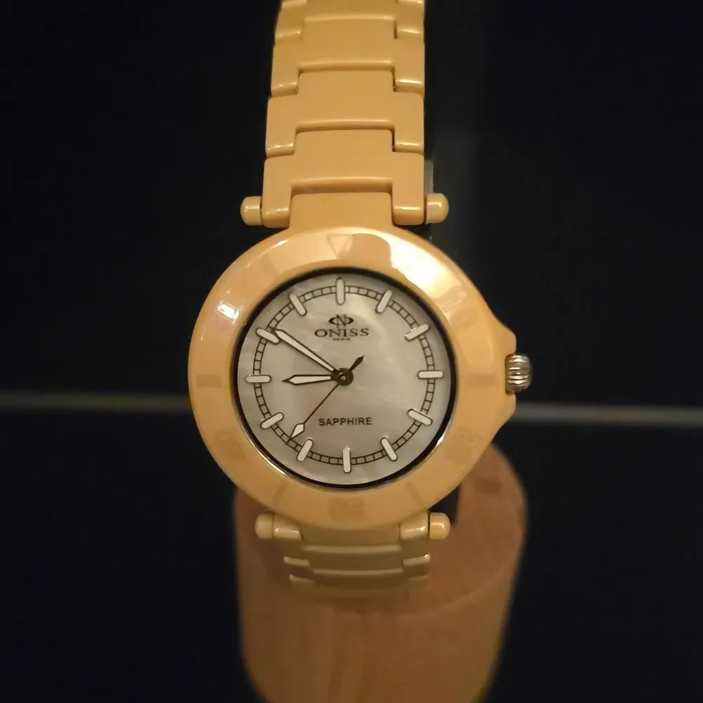 ONISS Ladies Beige Ceramic SAPPHIRE,MOTHER OF PEARL WATCH!